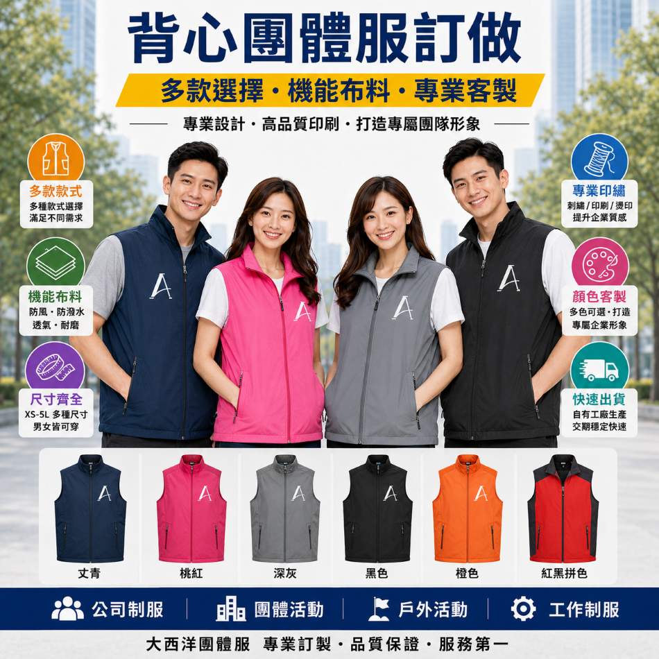 團體背心訂做：大西洋團體服提供企業公司活動、工作背心客製與專業機能版型建議